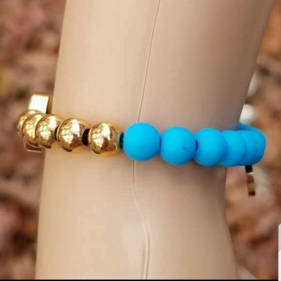 RUSTIC CUFF BLUE & GOLD STRETCH BEADED BRACELET - Picture 7 of 7